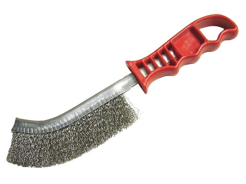 FAIWBHANDS Steel Crimped Wire Scratch Brush Red Handle 25cm Long